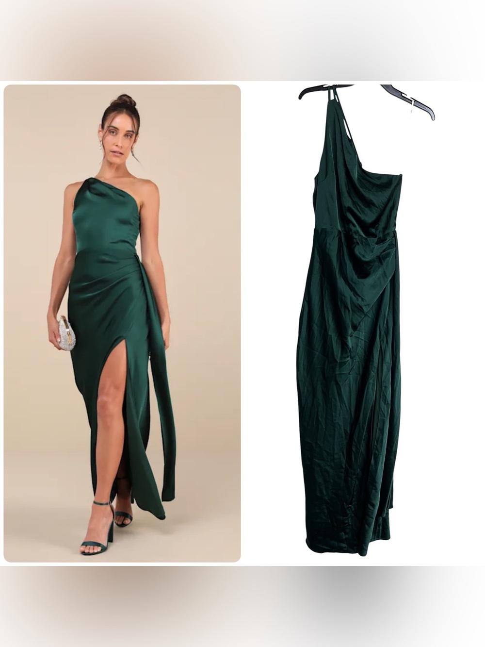 New Lulus Signature Elegance Emerald Green One-Shoulder Satin Gown Dress